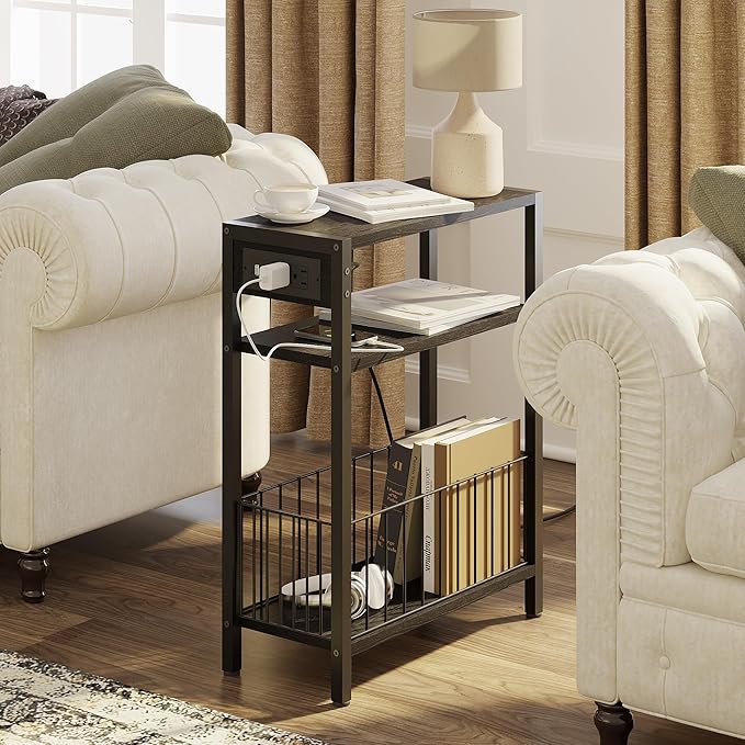 TRIFEBLE Narrow Side Table with Charging Station, Small End Table for Small Spaces, Slim Nightstand with Storage Basket, 3 Tier Skinny Bedside Table for Living Room, Bedroom, Black