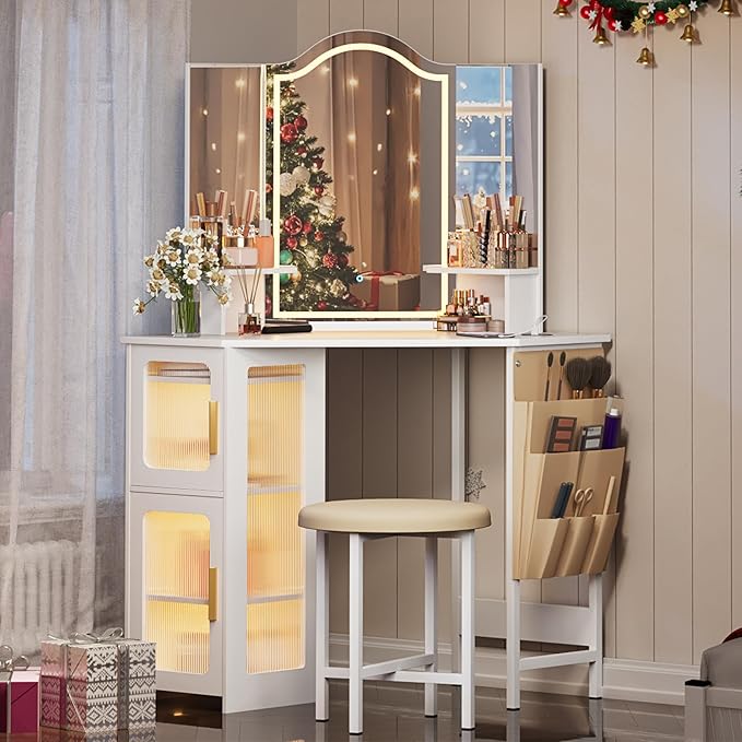 LVSOMT Corner Makeup Vanity Desk with Mirror and Lights, 44" Dressing Table with Charging Station, Makeup Table with Stool, Storage Cabinet and Adjustable Shelf, Bedroom Vanity for Girls Women, White