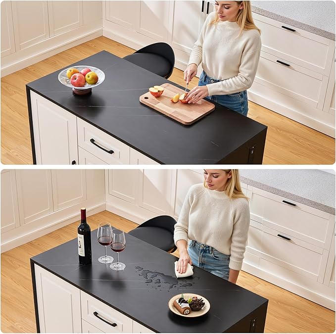 ONBRILL 47.3" Kitchen Island with 2 Storage Cabinets & 4 Drawers, Modern Imitation Marble Dining Table with Power Outlet, Island Bar Table for Kitchen, Dining Room, Living Room, Black