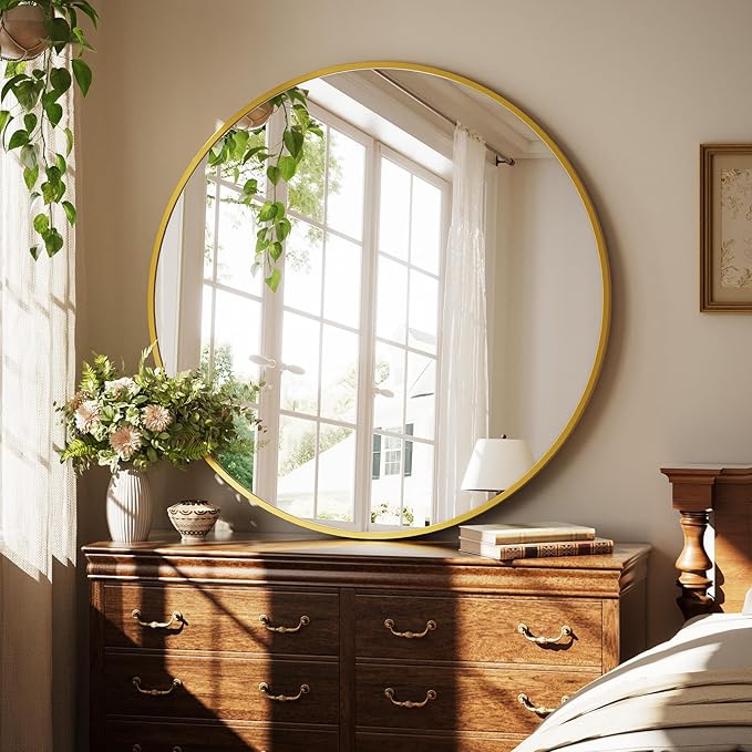 XRAMFY 40 Inch Round Mirror - Circle Mirrors for Bathroom, Entryway and Living Room Wall Decor, Modern Hanging Vanity Mirror, Matte Gold Circle Decorative Wall Mirror