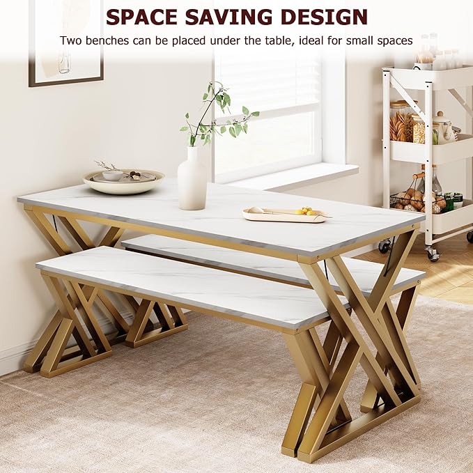 GAOMON Dining Table Bench Set for 4, Kitchen Table Set With 2 Benches, Rectangular Dining Room Table Set With Faux Marble Tabletop, Sturdy Metal Frame, Saving Space for Kitchen, Dining Room, Apartment