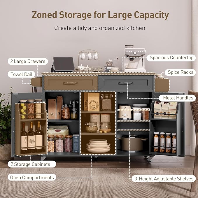 RALGEND Kitchen Island with Power Outlets & Drop Leaf, Kitchen Cart with Storage, Drawer and Spice Rack, Tower Rack, Island Table, Black and Rustic Brown