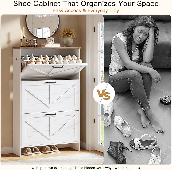 Nicetree Shaker Barn Door Shoe Cabinet, 3 Flip Drawers & 3Tier Adjustable Shelves, Ultra Slim Freestanding, Modern Rustic Brushed White Farmhouse Shoe Rack for Entryway, Hallway, Foyer & Mudroom White