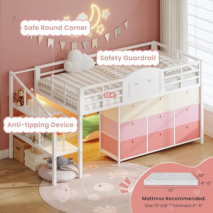 VIAGDO Low Loft Bed Twin Size with 9 Storage Drawers and LED Lights, Metal Twin Loft Bed with Stairway Shelf Storage, Low Loft Bed with Safety Guardrail and Under-Bed Hideaway for Kids, White