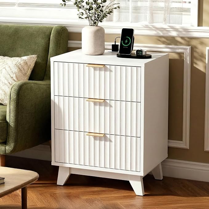 VINGLI Fluted White Nightstand with Charging Station, 3 Drawer White Night Stand Bedside Table with Drawers for Bedroom, Fluted Bedside Table/End Table/Side Table, 17.72" W*13.78" D*23.62" H, 1 pc