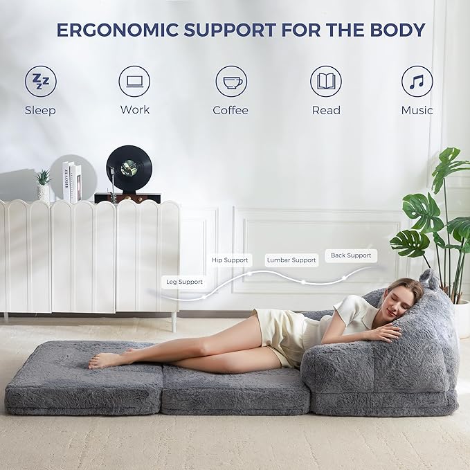 MAXYOYO Folding Sofa Bed, 2 in 1 Convertible Sofa to Lounger Comfy Single Bean Bag Chair for Adults, Floor Sleeper Couch with Handle, Faux Fur Couch Bed for Living Room Bedroom, Grey
