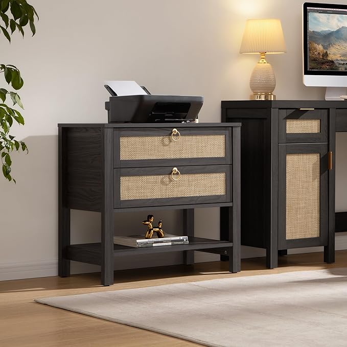 SICOTAS Night Stands Set of 2 for Bedroom, Large Bedside Tables with Drawer & Open Shelf, Wide Boho Rattan Nightstand Set Narrow Side Table for Master Bedroom