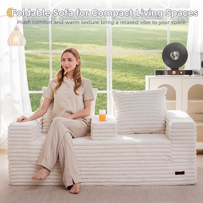 MAXYOYO Loveseat Sofa Bed, Striped Faux Fur Foldable Floor Sofa Couch in A Box, 4 in 1 Convertible Boneless Couch with 2 Cup Holders, Folding Recliner Sleeper Chair, No Assembly Required, Creamy