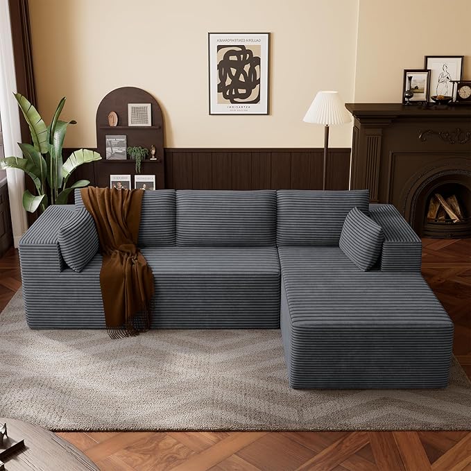 106" Cloud Sectional Boneless Couches for Living Room, Modular L Shaped Couch with Deep Seat Oversized Right Facing Chaise, Memory Foam Compressed Spineless 3 Seater Sofa for Apartment, Grey