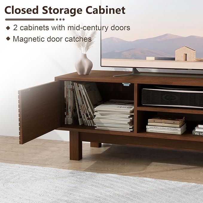 YOSHOOT Mid Century TV Stand for 55 inch TVs, Modern Entertainment Center with Storage Cabinets, Solid Wood Media Console with Open Shelves for Living Room & Bedroom, Antique