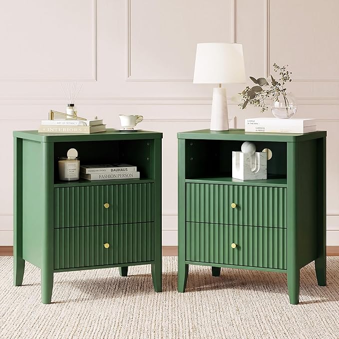 Fluted Nightstand with Charging Station Set of 2, 21" Wide Modern Bedside Table with 2 Drawers & Open Shelf, Wood End Table with Storage & Metal Handle for Bedroom, Small Spaces, Green