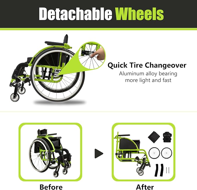 14" W x 14" D Seat Ultra-Light 24 lbs Aluminum Wheelchair for Adults, Foldable & Portable with 24" Quick-Release Wheels - 250 lbs Capacity Sport & Travel Chair(Green)