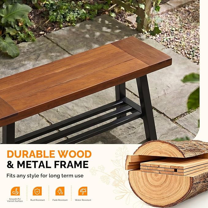 VINGLI 40in Storage Bench, Solid Wood Seat with Metal Storage Shelf, Weather Resistant High Capacity Indoor Outdoor Dining Benches, Sturdy Shoe Rack Bench for Entryway Mudroom Porch