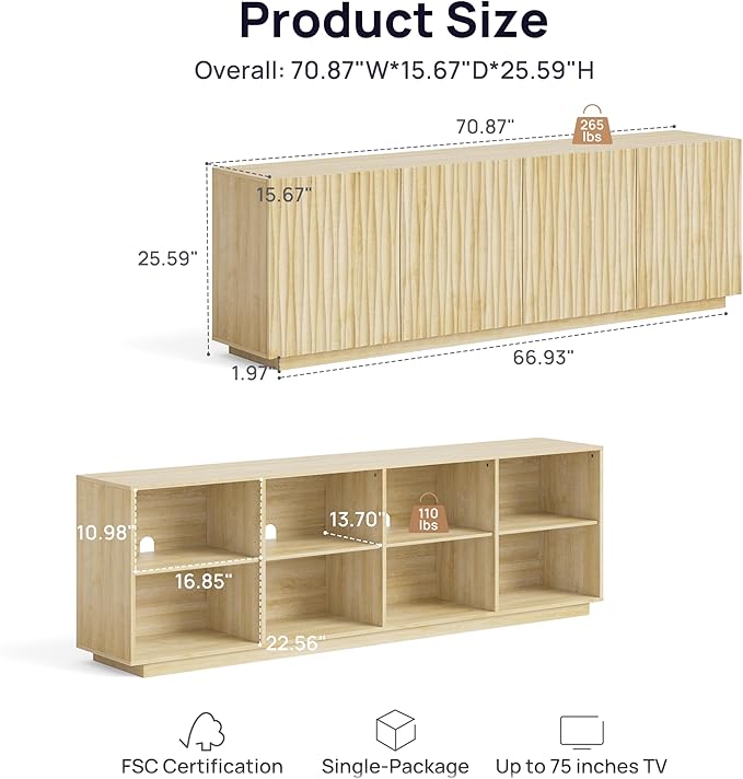 CHIC HOUSE 70" Fluted Mid Century Modern Buffet Cabinet with Storage, Farmhouse Storage Sideboard Cabinet with Doors, Accent Cabine & Media Console for Living Room, Entryway, Natural Oak