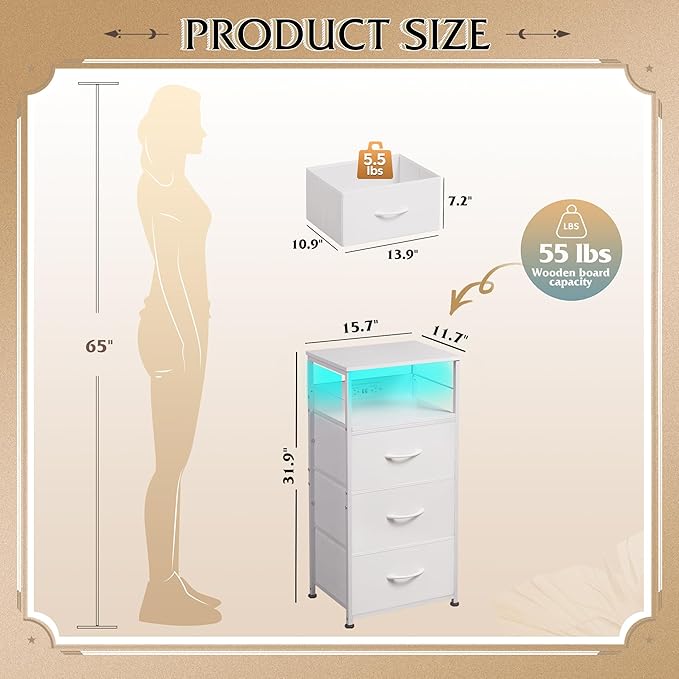 WLIVE Nightstand with Charging Station, 31.9" H Nightstand with 3 Fabric Drawers, LED Bedside Table with USB Ports and Outlets, End Table for Dorm, Bedroom, Entryway, White
