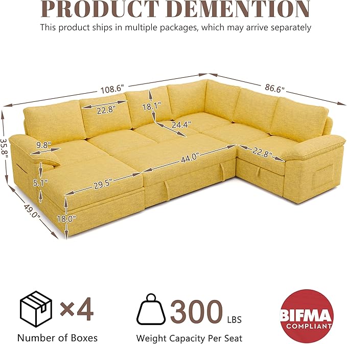 108 Inch Modular Sectional Sofa with Pull Out Bed,U Shaped 7 Seat Sectional Sleeper Sofa with Storage,Sectional Couches for Living Room,Cloud Modular Couch,Removable Sofa Cover,Yellow