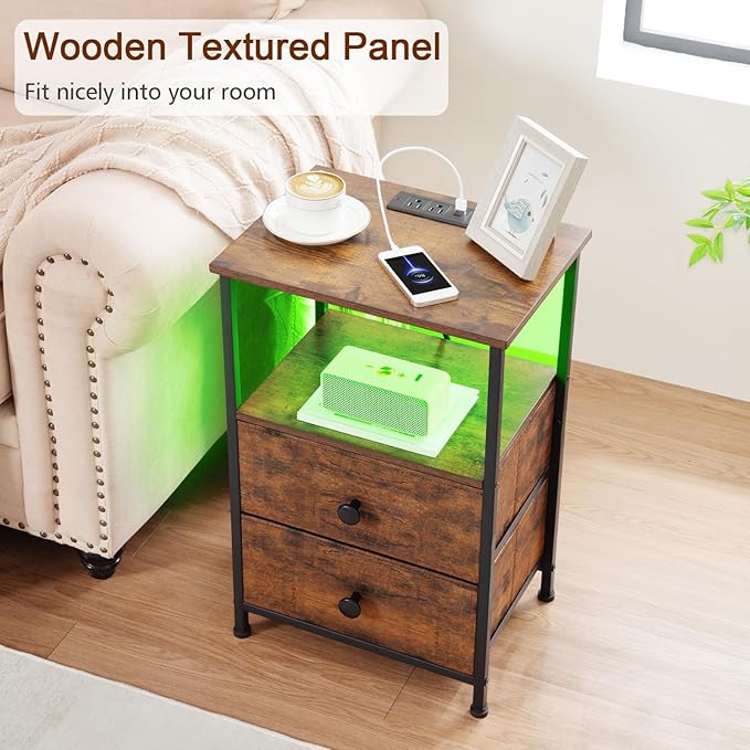 LOAKEKEL Night Stand Set 2, LED Nightstand with Charging Station, End Tables with Storage Shelf for Small Space, Bedside Table with 2 Fabric Drawers for Bedroom, Brown HETS02PQBR