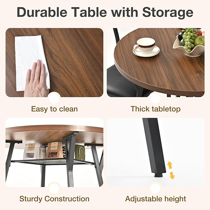 Pamapic Round Dining Table Set for 4, Kitchen Table and Chairs for 4, Dining Room Circle Dinner Pedestal Table, Solid Metal Frame,Space Saving Wood Small Kitchen & Dining Room Furniture,Walnut