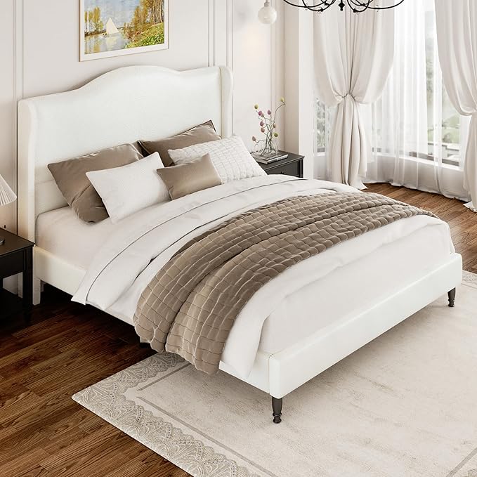 Upholstered Queen Bed Frame with Tall Headboard, Leather Platform Bed Frame with Wingback Sides, Wood Slats Support, Noise-Free Design, No Box Spring Needed, Easy Assembly, White