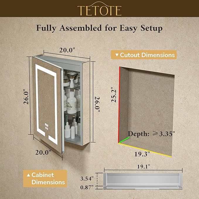 TETOTE LED Lighted Medicine Cabinet Mirror for Bathroom 20 x 26 Tempered Glass Recessed or Wall Mounted Cabinet with Storage & Outlets & USB, 3-Color Dimming Led Lights, Defogger, Adjustable Shelve