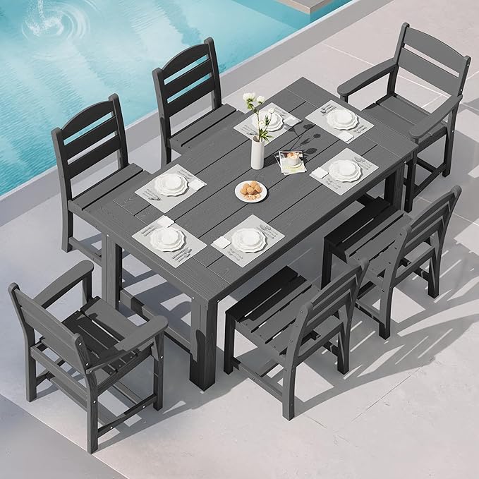 SERWALL Outdoor Dining Table Set, 67‘’ HDPE Patio Dining Set for 6, Outdoor Table and Armless Chairs Set with 1.6-inch Umbrella Hole for Deck, Grey