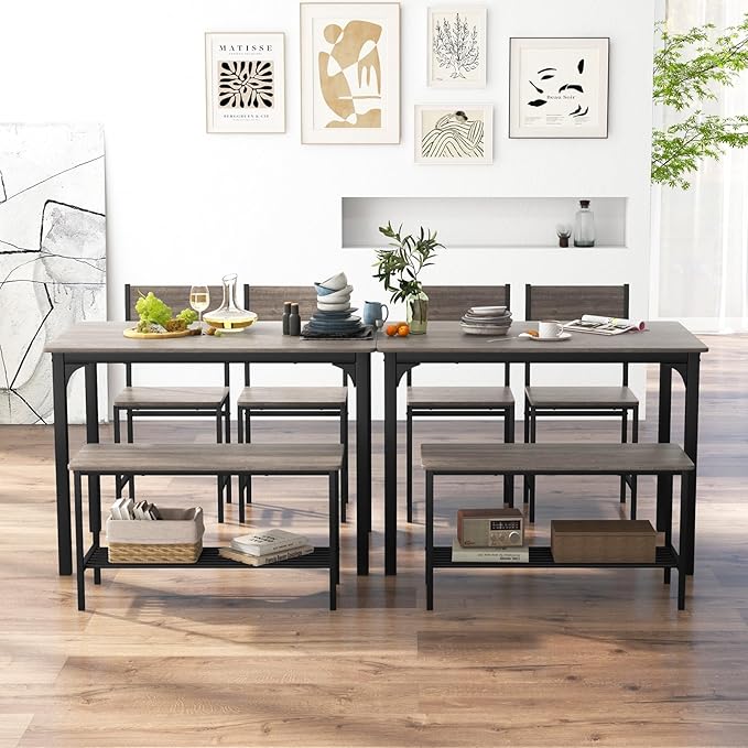 Giantex Dining Table Set for 4, Kitchen Table with Bench and Chairs, Industrial Gathering Bench Dining Set W/Metal Frame & Storage Rack, Dinette Set, Modern Functional Desk Set (Grey)