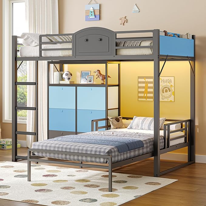 AOGLLATI Bunk Bed Twin Over Twin with 6 Storage Drawers for Kids Teens,Metal Led Loft Bed with Bedside Storage,Safety Guardrails for Small Space, No Box Spring Needed, Grey