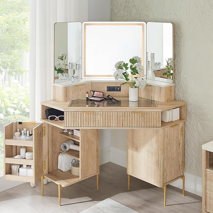 T4TREAM 48" Fluted Makeup Vanity Desk with HD Triple Mirror and Lights, Large Lighted Corner Vanity with Glass Top, Modern Dressing Table with 3 Drawers & 2 Cabinets for Bedroom, Natural Oak