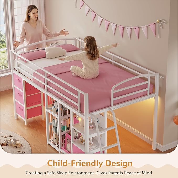 Low Loft Bed Twin Size with 4 Storage Drawers and LED Lights, Twin Loft Bed with Sling Bookcase & Toy Storage, Kids Twin Beds with Anti-Collision Pad & Play Curtain, Under-Bed Play Space, Pink+White