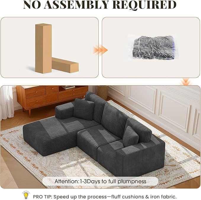 GRUSIGN 107'' Cloud Sectional Boneless Couches for Living Room, Modular L Shaped Couch with Deep Seat Oversized Left Facing Chaise, Memory Foam Compressed Spineless 3 Seater Sofa, Wide-Striped Grey