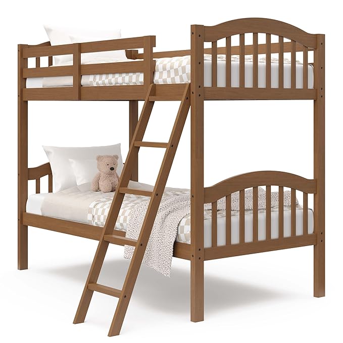 Storkcraft Long Horn Twin-Over-Twin Bunk Bed (Hazelnut) - GREENGUARD Gold Certified, Converts to Two Twin Beds, Wood Bunk Bed for Kids Bedroom