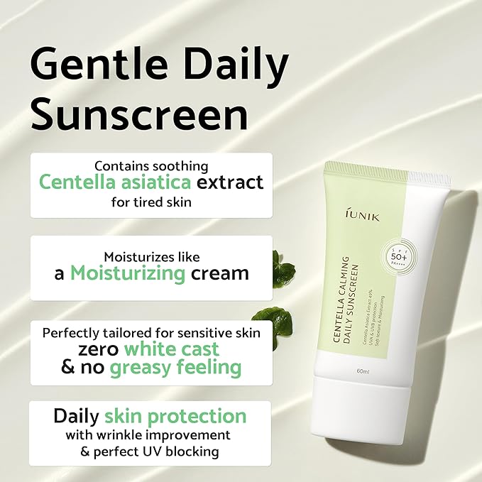 IUNIK Centella Calming Moisture Daily Sunscreen SPF 50+ PA++++ Matte & No White Cast Centella Asiatica Dry Oily Sensitive Vegan Korean Skincare