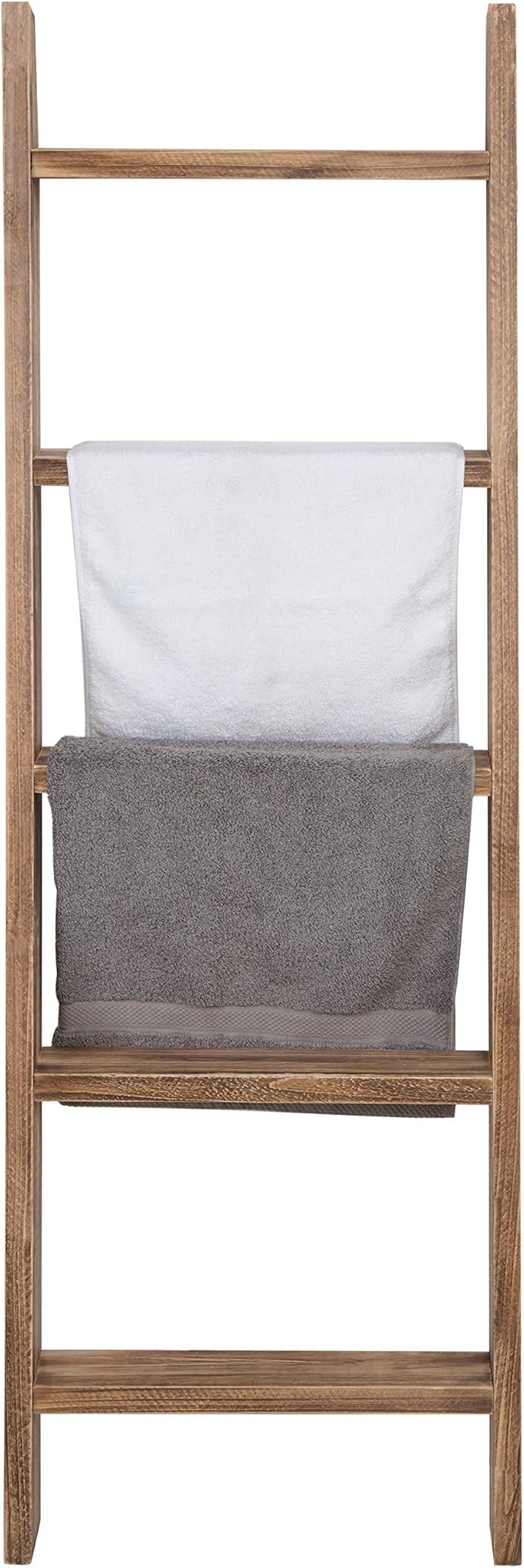 MyGift 4ft Tall Rustic Burnt Natural Wood Wall Leaning Blanket Ladder Shelf with 5 Rungs, Decorative Living Room Throw and Quilt Holder, Farmhouse Bedroom Decor