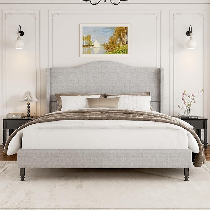 King Bed Frame with Headboard, Upholstered Platform Bed with Tall Wingback Headboard, Sturdy Wood Slats Support, Easy Assembly, No Box Spring Needed, Modern Style for Bedroom, Beige