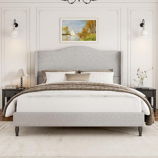 Full Bed Frame with Headboard, Upholstered Platform Bed with Tall Wingback Headboard, Sturdy Wood Slats Support, Easy Assembly, No Box Spring Needed, Modern Style for Bedroom, Beige