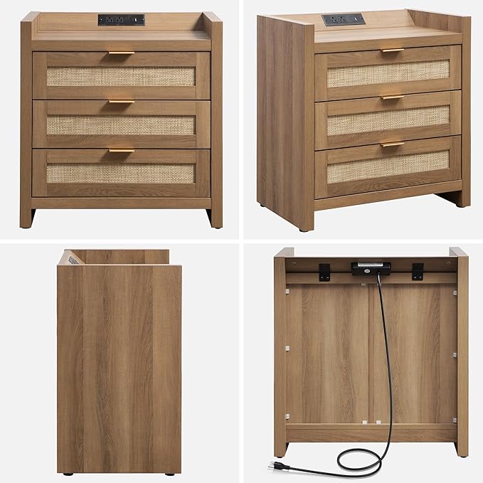 SICOTAS Larger Rattan Night Stand - Tall Nightstands with Type-C Charging Station, 3 Storage Drawers, Boho Bedside Table End Table with Storage for Bedroom Sofa Couch Office - Natural Oak