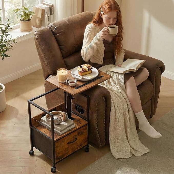 Faesun Swivel Lift Top Nightstand with Charging Station, Rolling Side Table for Recliner, Bedside Table with Wheels & a Fabric Drawer, for Small Spaces, for Bedroom, Living Room, Brown