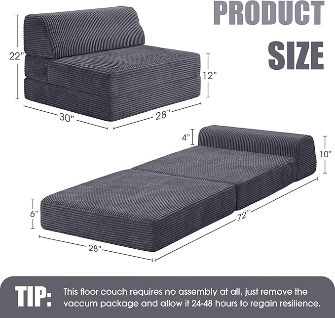Kasunpul Folding Sofa Bed with Pillow, Memory Foam Fold Out Chair Bed, Convertible Sleeper Chair with Washable Cover, Futon Floor Couch for Living Room/Dorm/Guest Use/Home Office/Apartment, Gray