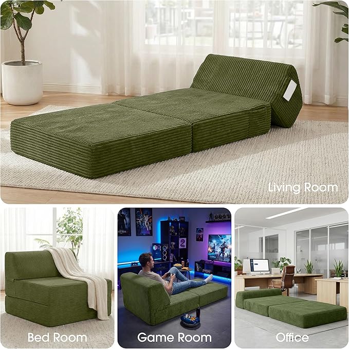 Kasunpul Folding Sofa Bed with Pillow, Memory Foam Fold Out Chair Bed, Convertible Sleeper Chair with Washable Cover, Futon Floor Couch for Living Room/Dorm/Guest Use/Home Office/Apartment, Green