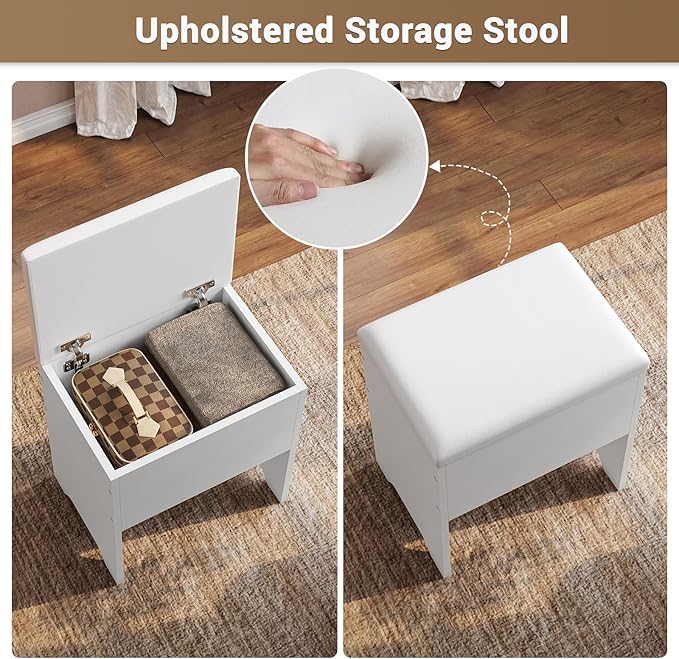 BTHFST Corner Vanity Desk with Lights and Charging Station, Makeup Vanity with Lights, Vanity Set with Mirror and Storage Stool, Makeup Table with Drawers, Rotating Shelves, White