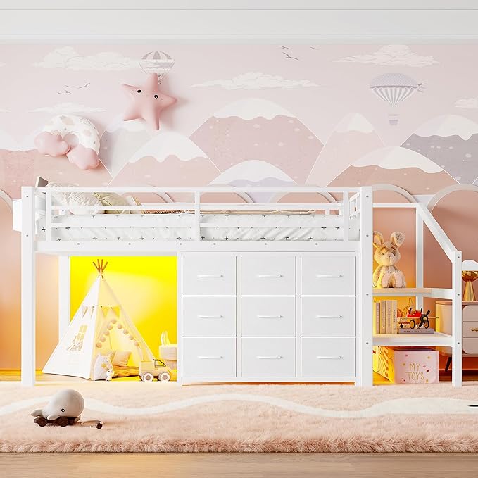 Bellemave Twin Size Loft Bed with 9 Non-Woven Fabric Storage Drawers, Low Loft Bed with Stairs and Lights, Twin Loft Beds with High Rails, Noise Reduced White