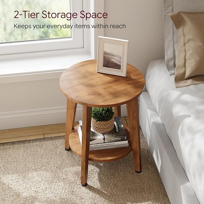 Simple Trending Round Side Table, Small End Table, Nightstand Bedside Table with Tapered Legs, for Living Room, Rustic Walnut