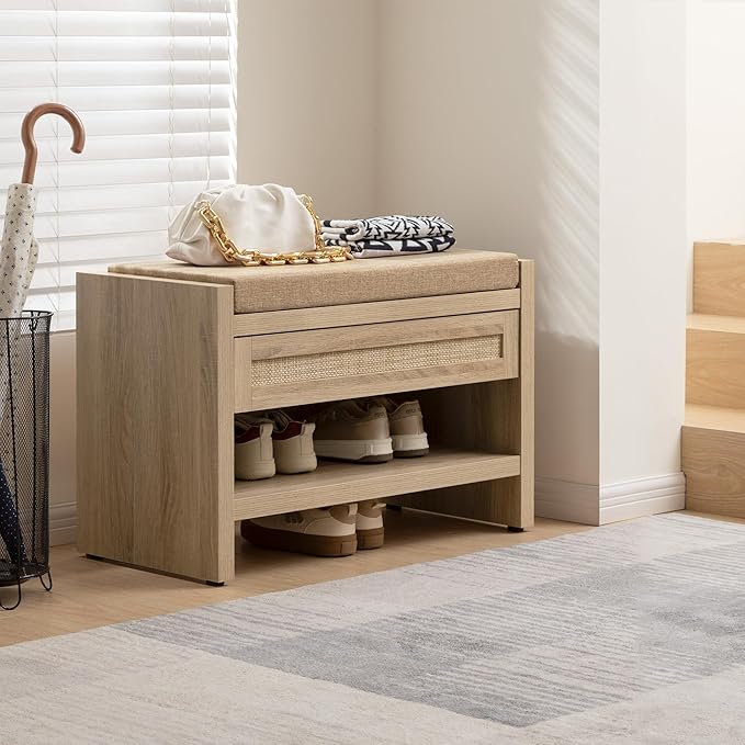 SICOTAS Rattan Shoe Bench Entryway Bench with Storage Drawer and Linen Seat Cushion, Farmhouse Boho Shoe Rack Bench with Shelf, Wooden Storage Bench for Entryway Hallway and Bedroom, Light Oak