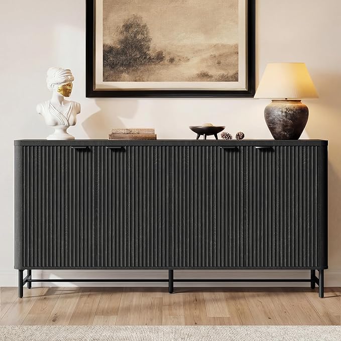 Fatmok 65" Buffet Cabinet with Storage, Fluted Credenza Sideboard with 4 Doors & Adjustable Shelves, Large Coffee Bar Console Table for Dining Room, Living Room, Entryway, Black Grey