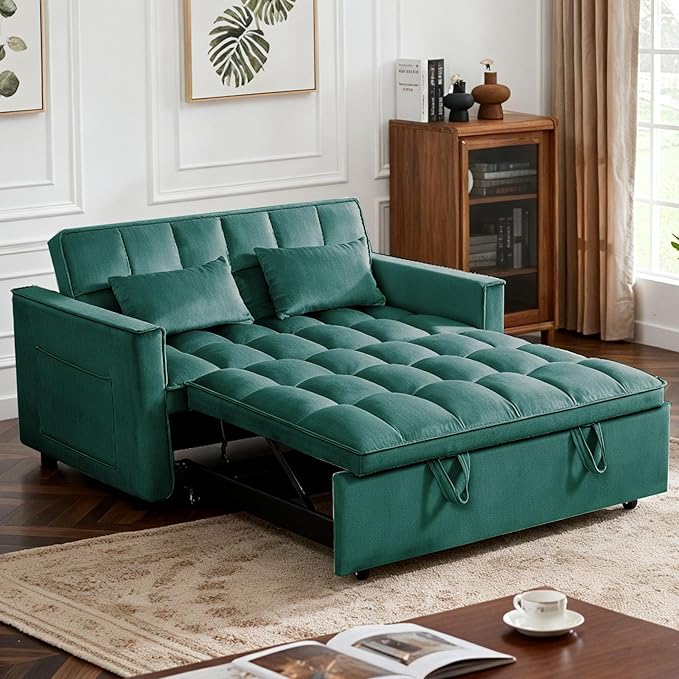Convertible Sofa Bed, Pull Out Couch with Side Pockets, 3 in 1 Velvet Fabric Loveseat Sleeper Sofa Bed, Pull Out Couch with Adjustable Backrest for Living Room, Bedroom, Apartment, Green