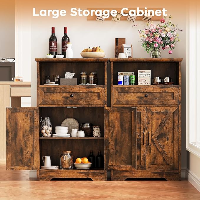 Floor Cabinet, Farmhouse Storage Cabinet with Barn Doors and Drawer, Freestanding Adjustable Shelf Organizer for Bathroom, Kitchen, Living Room Rustic Brown