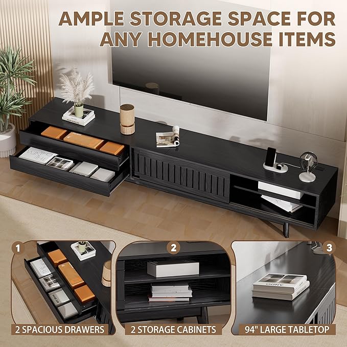 TV Stand for up to 85 Inch TVs, 78.7" Entertainment Center with Storage & Power Outlet, Mid Century Modern Media Console w Drawers and Sliding Door, Television Stands for Living Room, Black