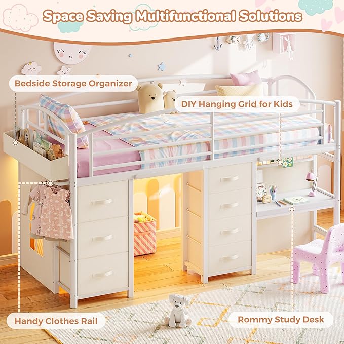 Twin Low Loft Bed with Desk, 7 Storage Drawers & LED Lights, Kids Metal Loft Bed with 12" H Safety Guardrail, Underbed Play Space & Curtain, Anti-Collision Pad (White)