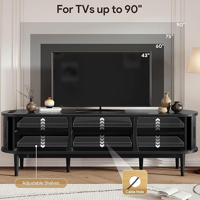 Decofy Mid Century TV Stand for TVs up to 90 Inches, Entertainment Center with Storage, Power Outlet, Fluted Sliding Doors & Adjustable Shelves, Modern Media TV Console Table for Living Room (Black)