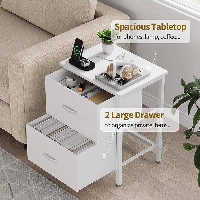 Vagusicc Nightstand with Charging Station, Bedside Table with USB Ports and Outlet, End Table Side Table with 2 Fabric Drawers for Bedroom, Living Room, White